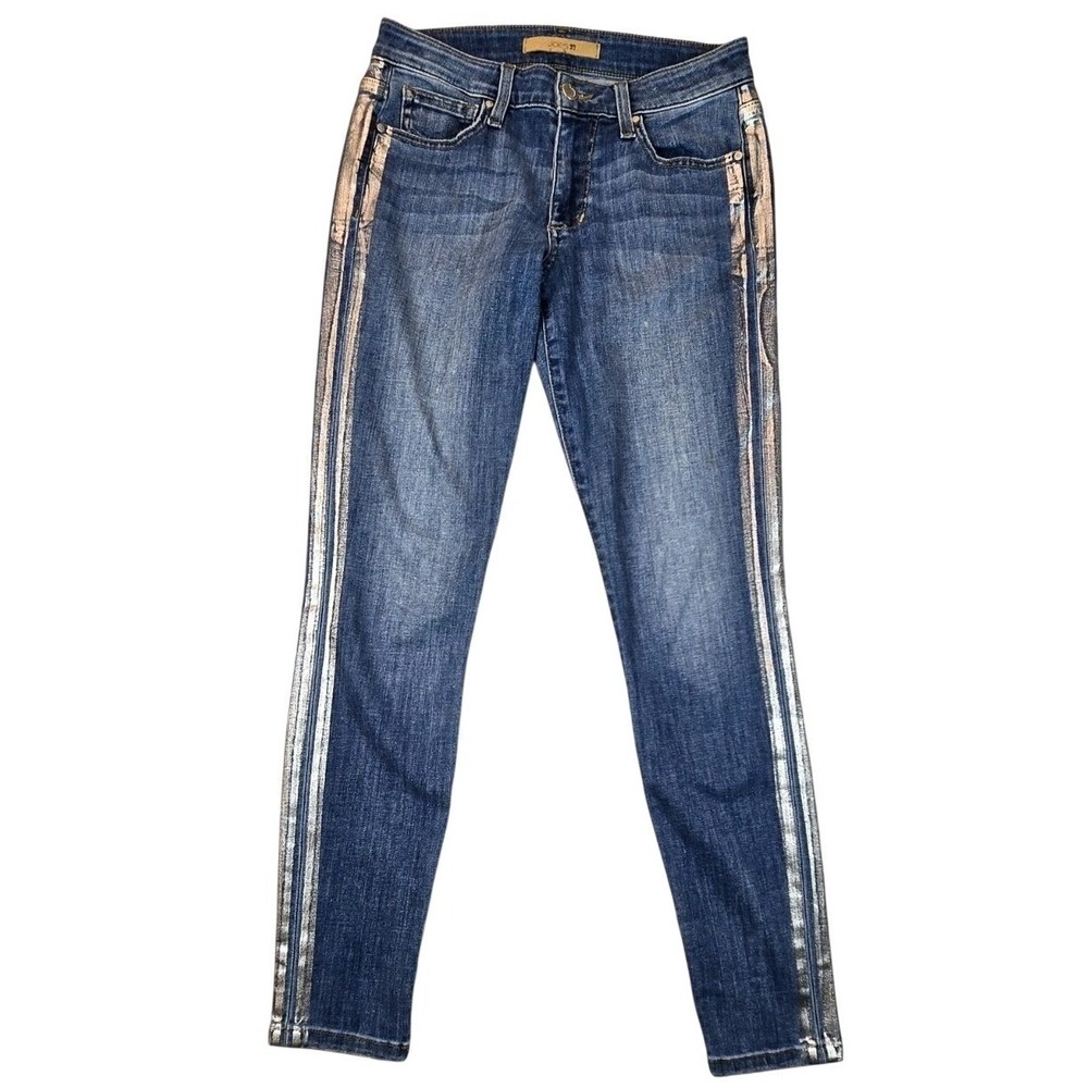 Joe's Jeans Women's Sz 26 Mid-Rise Skinny "Sylvia" Silver Side Stripes Dark Wash